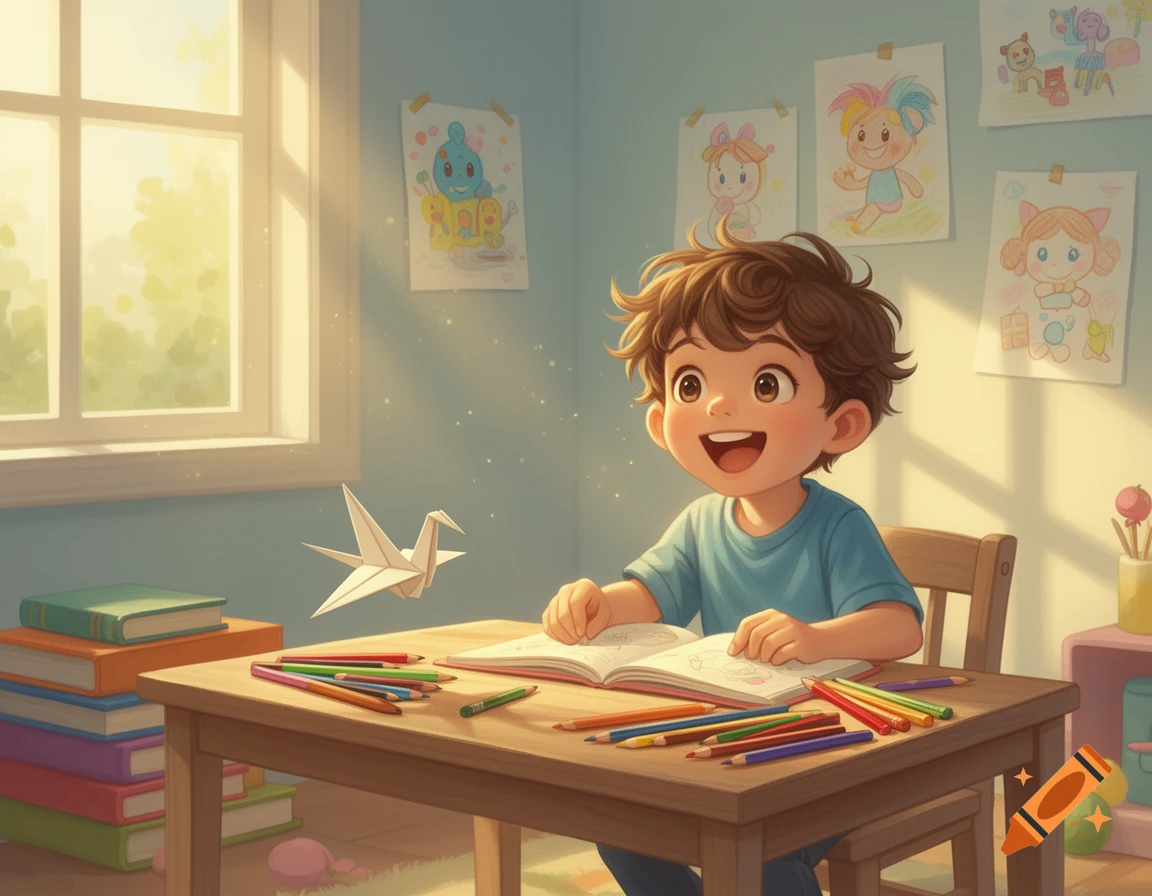 A joyful cartoon child draws at a sunlit table with pencils. Children's art adorns the wall, with an origami crane floating nearby.