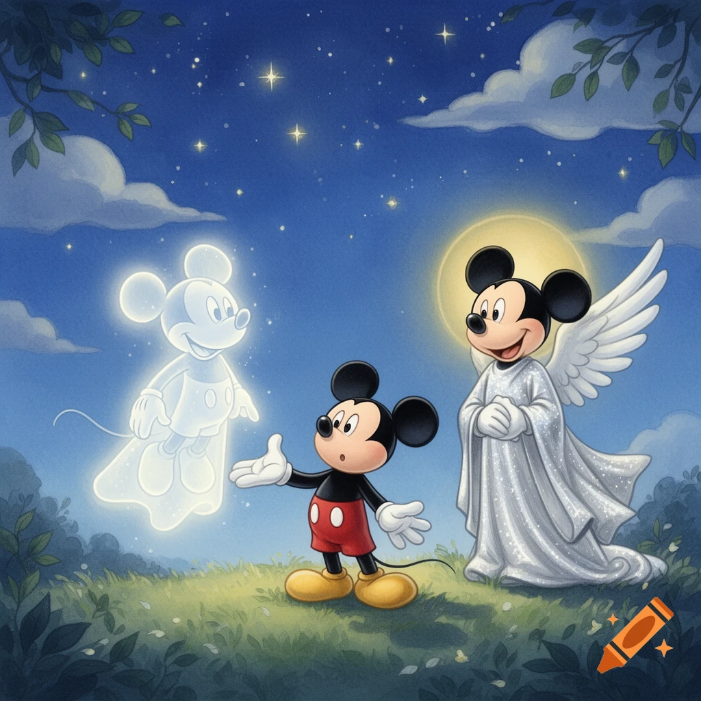 Cartoon illustration of Mickey Mouse meeting a glowing ghost Mickey and an angel Mickey with wings in a grassy field under a starry night sky.