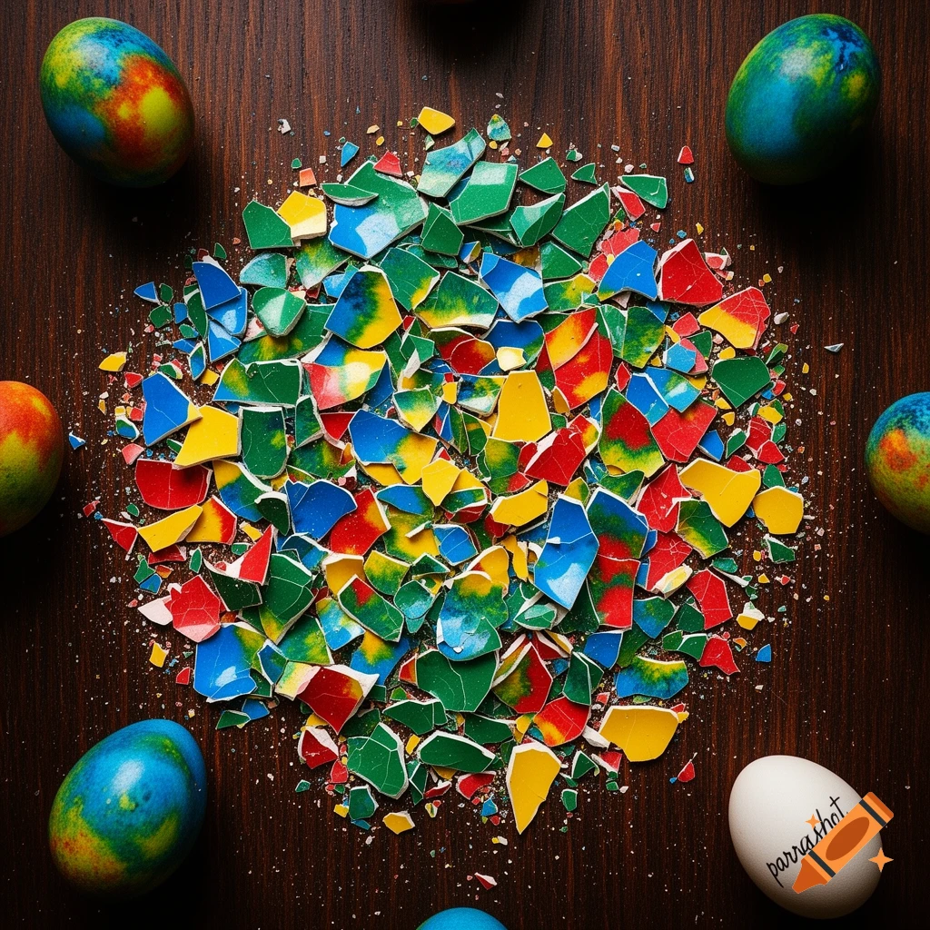 Top-down view of a pile of colorful broken eggshells on a dark wooden surface, surrounded by vibrant whole eggs, one labeled 'parrashot'.