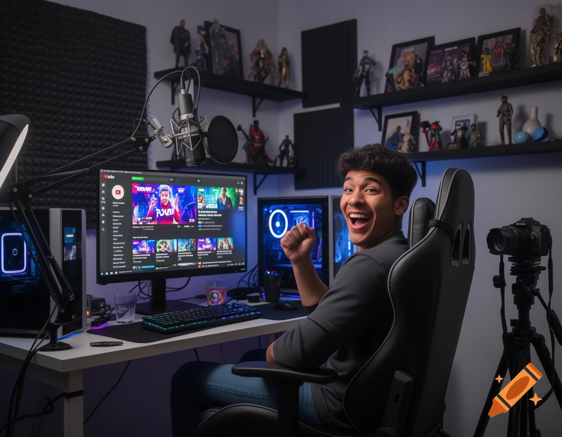 A happy male YouTuber sits at a desk with a gaming PC, monitor displaying YouTube, microphone, and camera, in a streaming setup.