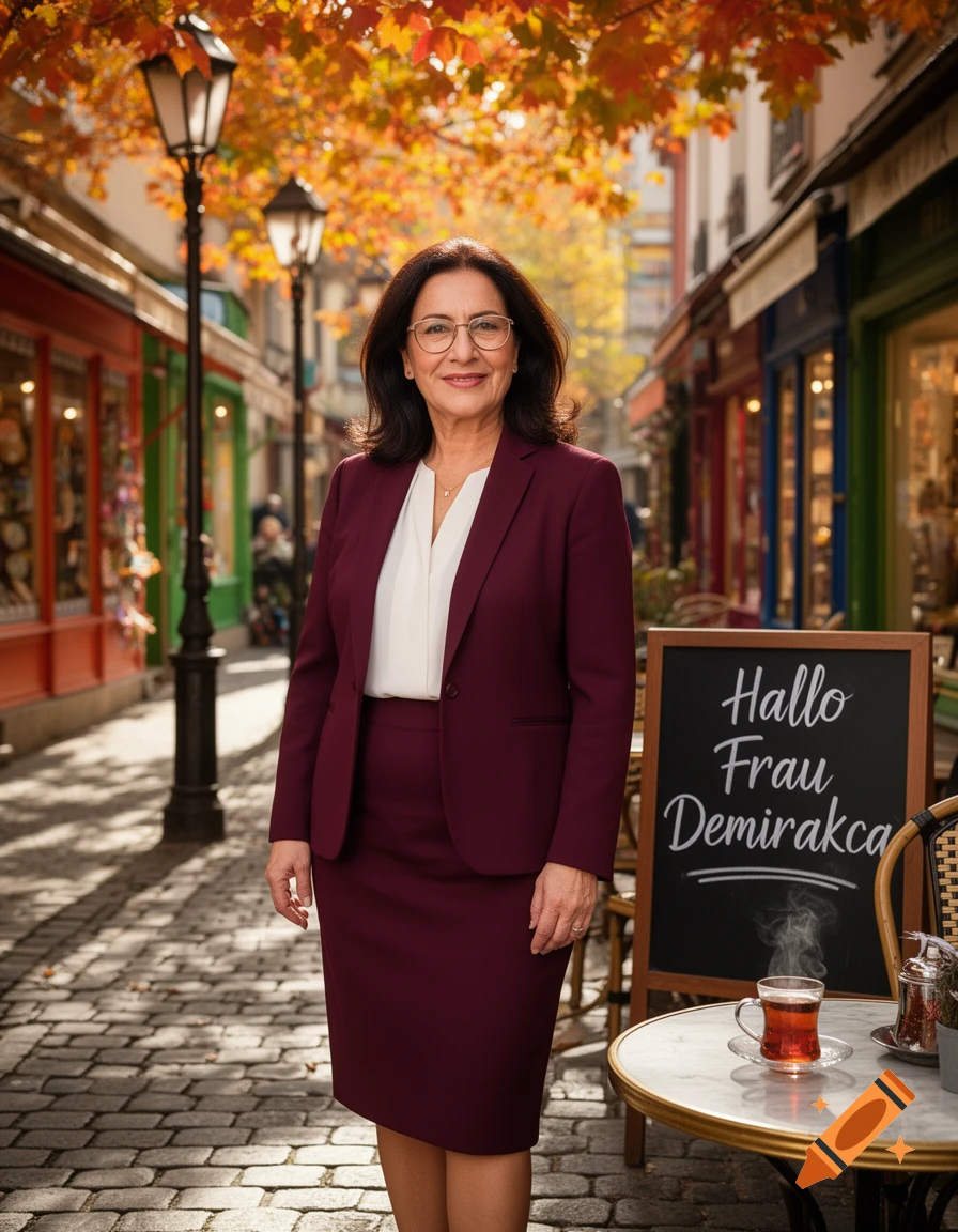 A smiling woman in a maroon suit and glasses stands on a cobblestone street lined with shops and autumn trees, with a 'Hallo Frau Demirca' sign.