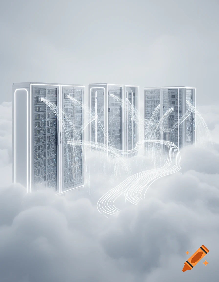 Futuristic data center server racks with glowing white contours and data streams, floating in white clouds.