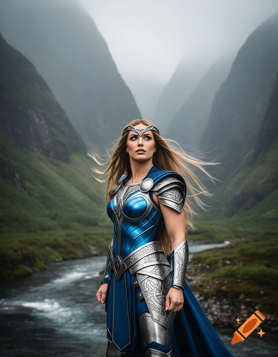 A woman in intricate blue and silver fantasy armor stands in a misty mountain valley with a river, her long blonde hair blowing in the wind.