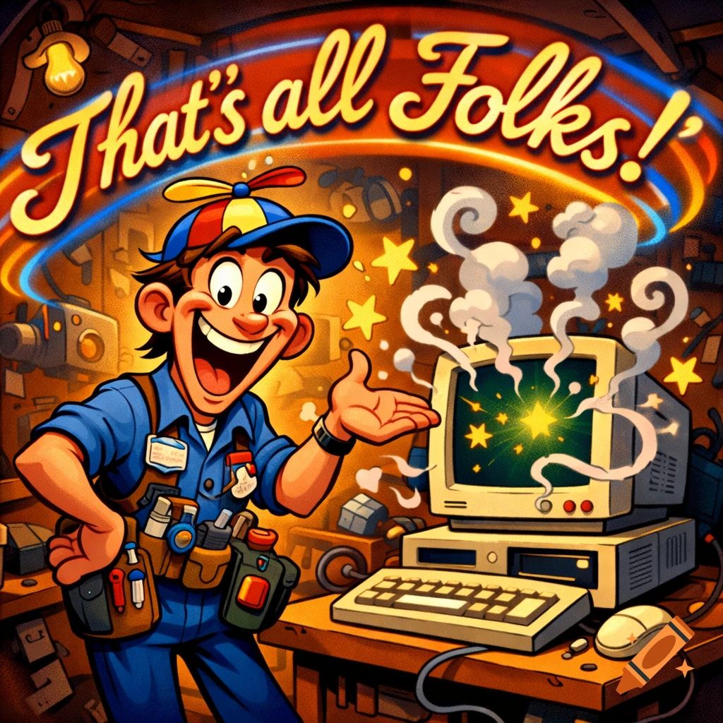 Looney Tunes style cartoon of a happy computer technician with tools, presenting a smoking vintage computer under the text 'That's all Folks!'