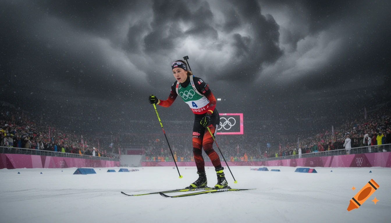 Photorealistic image of a female cross-country skier with bib number 4 competing in a snowy Olympic stadium under dramatic clouds.