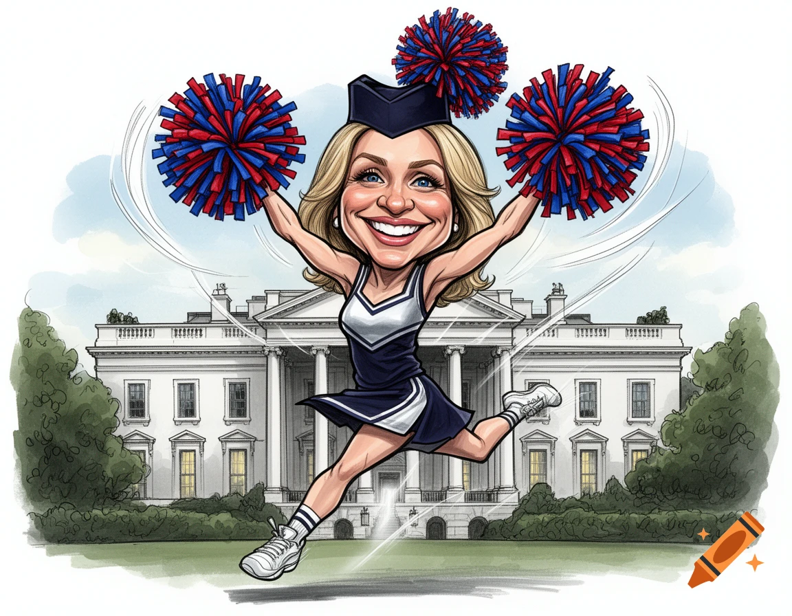 Caricature of a blonde woman in a cheerleader uniform jumping with pompoms in front of the White House.
