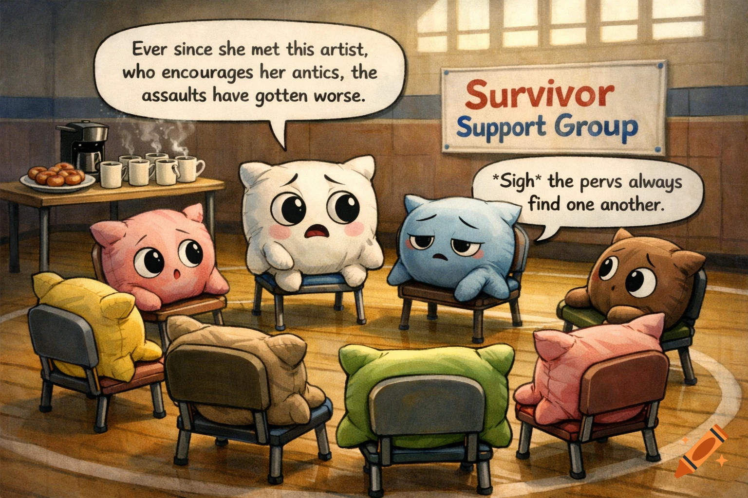 A cartoon of sad, worried pillows in a circle support group in a gym, with coffee and donuts, and speech bubbles discussing assaults.