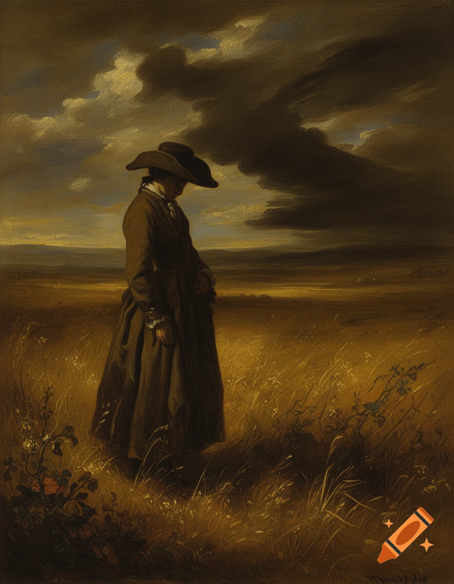 A Goya-style oil painting depicts a solitary figure in a dark coat and hat, head bowed, standing in a golden field under a stormy sky.