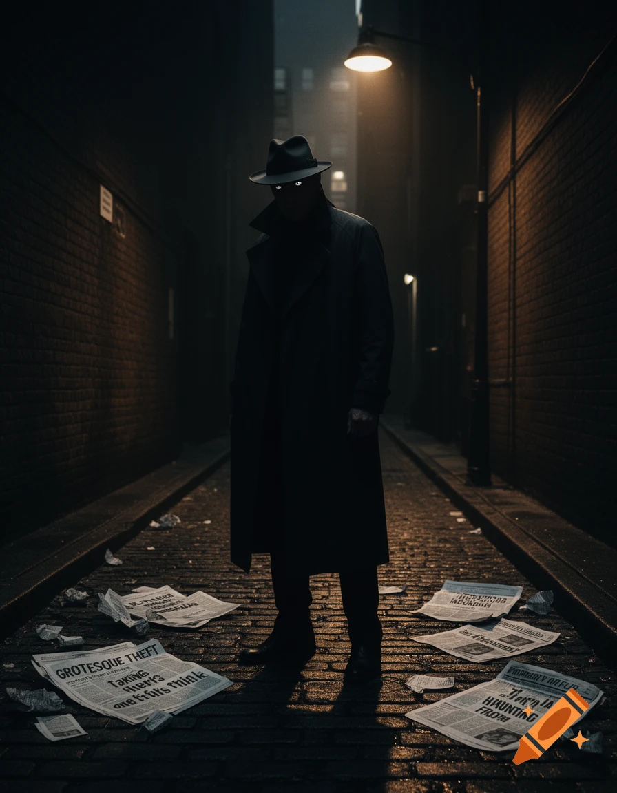 A shadowy figure in a trench coat and fedora with glowing eyes stands in a dark, wet alleyway amidst scattered newspapers under a single streetlamp, in a noir style.