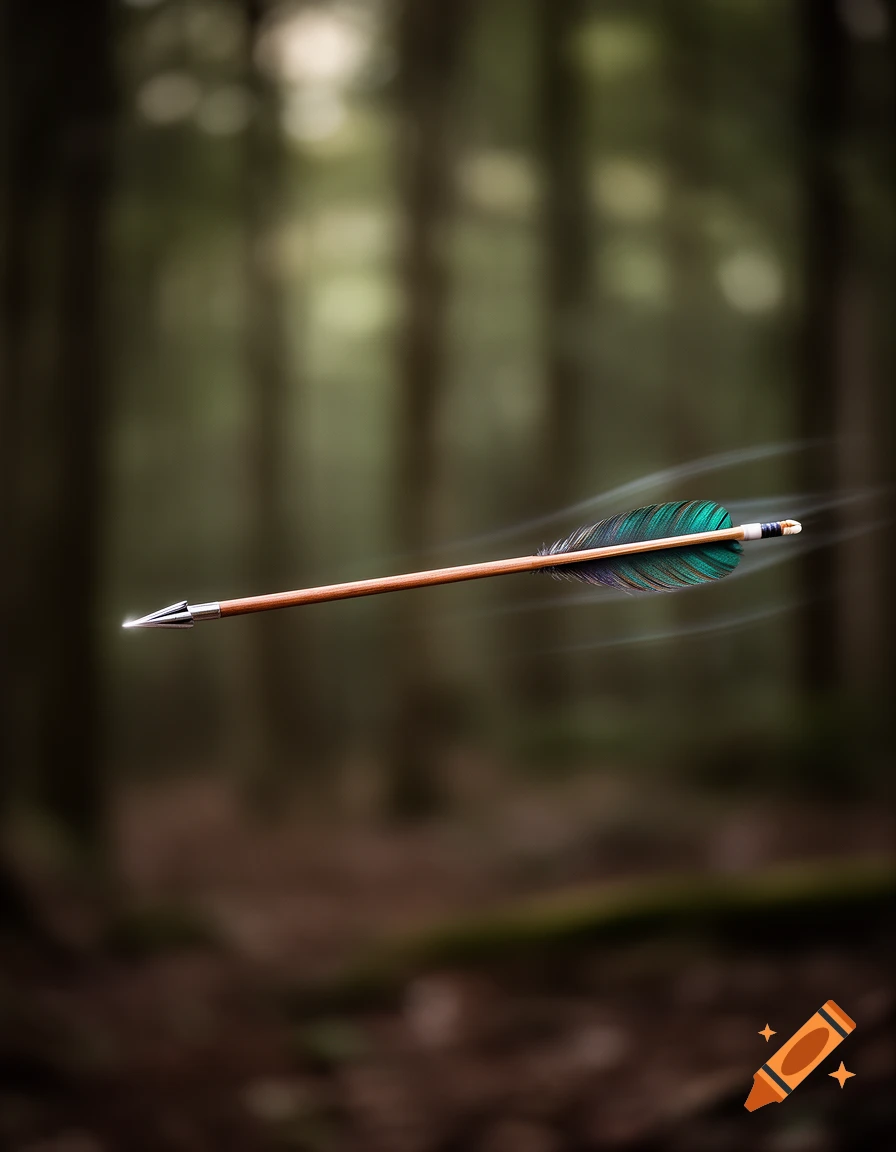 A photorealistic shot of an arrow with green fletching flying through a blurred forest background, showing motion blur.