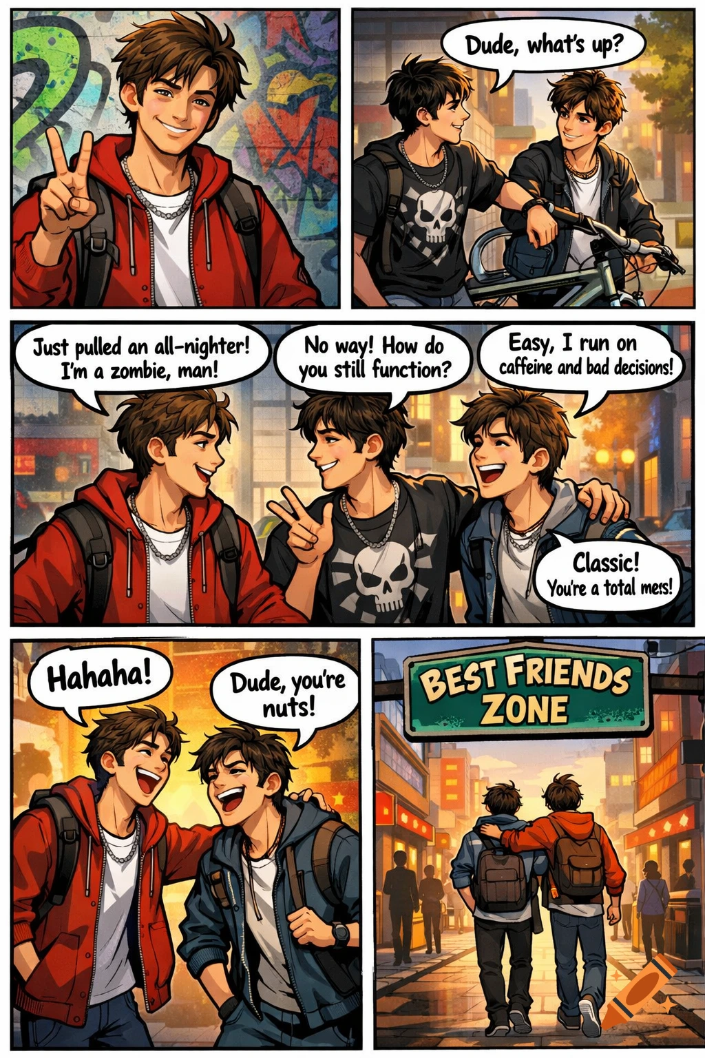 A multi-panel comic strip depicting two young male friends talking, laughing, and walking together in an urban setting at sunset, drawn in an anime style.