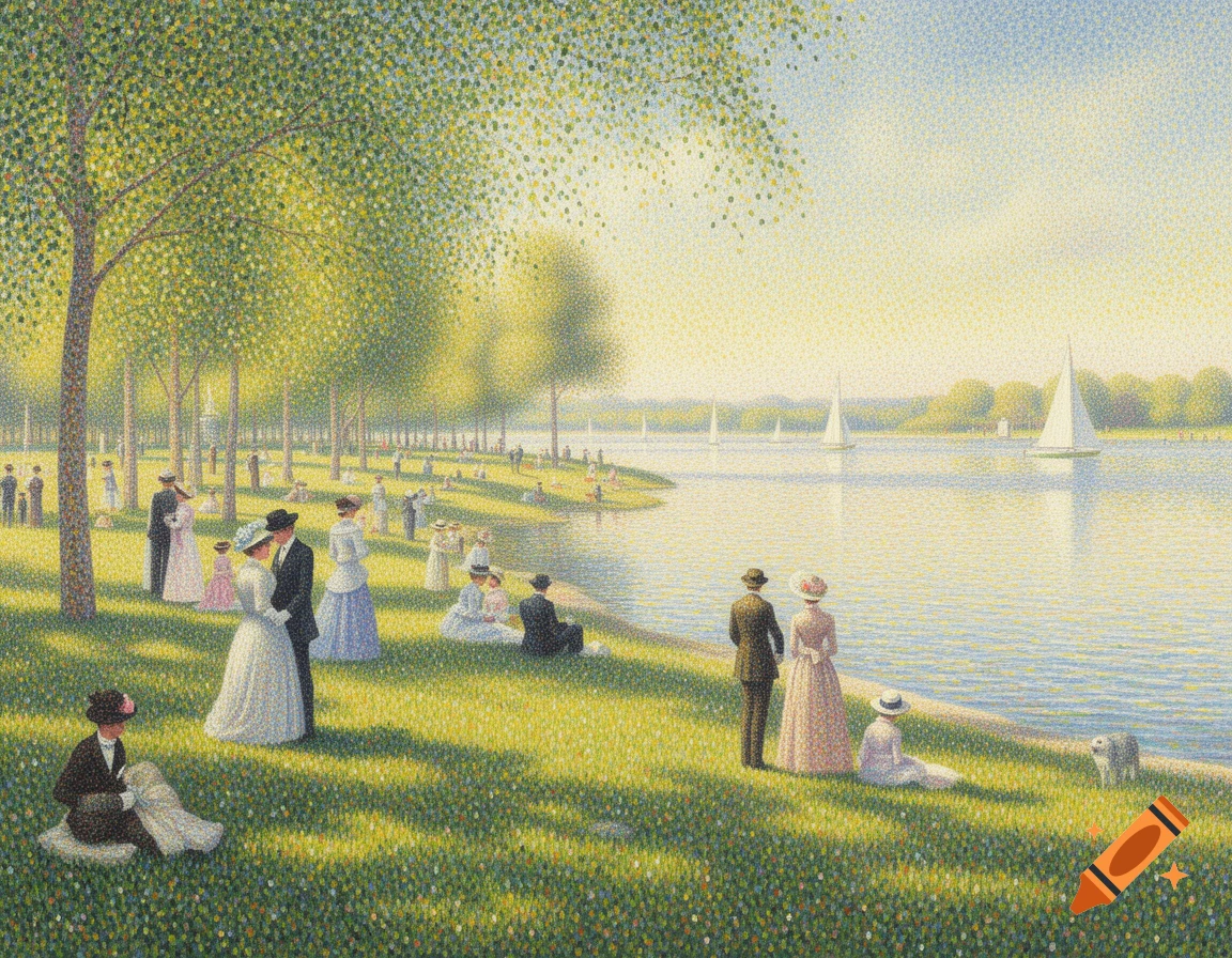 Pointillist painting of people relaxing in a sunny park by a lake with sailboats in the distance.