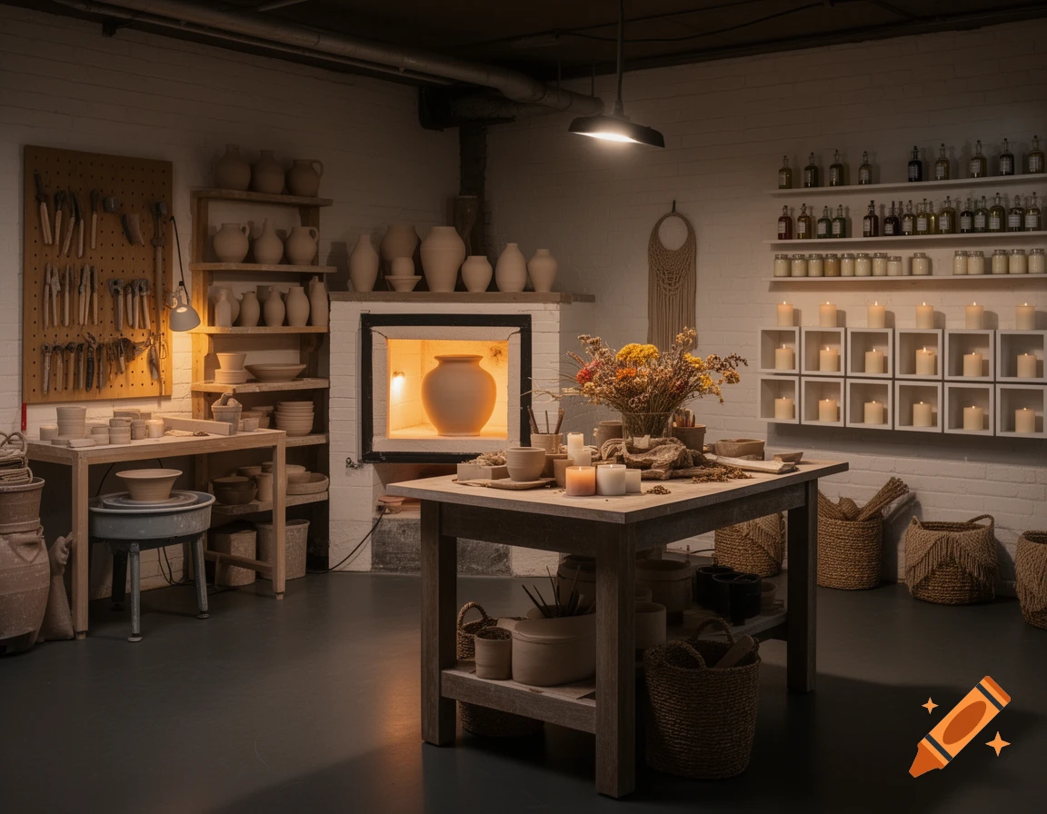 A dimly lit pottery and candle studio featuring a glowing kiln, shelves of ceramics, tools on a pegboard, a work table with dried flowers, and a wall of candles.