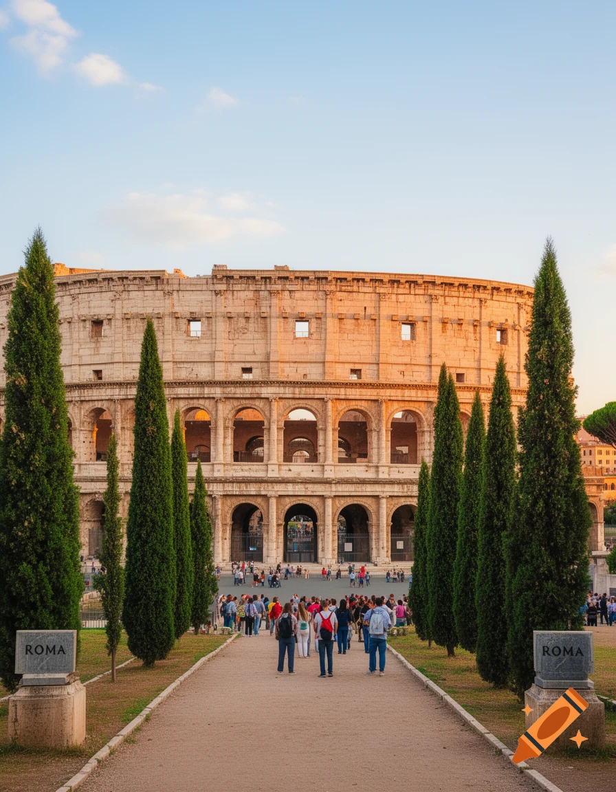 A photorealistic view of the Colosseum in Rome, with a path leading towards it lined by tall cypress trees and tourists.