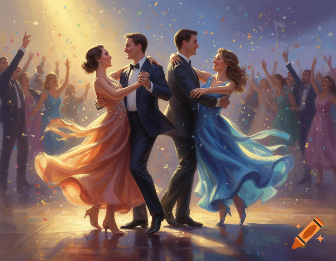 Two couples gracefully dance in a spotlight under falling confetti, surrounded by a celebratory crowd in a vibrant painting.