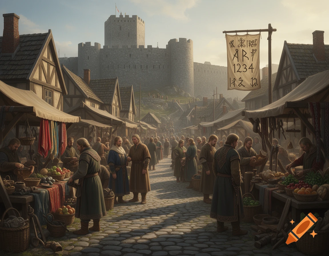 Photorealistic scene of a bustling medieval market street with vendors, shoppers, half-timbered houses, and a large stone castle in the background.