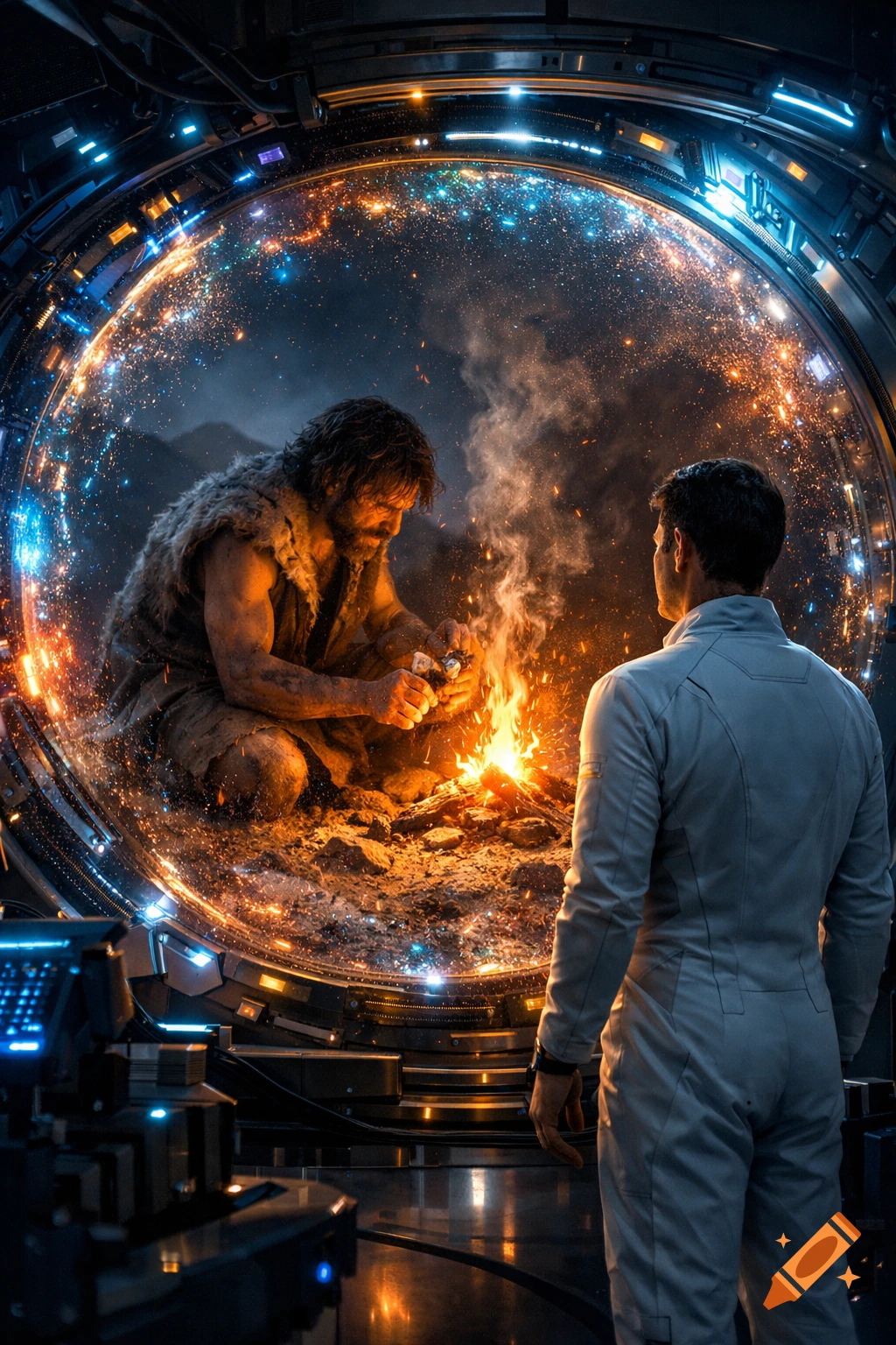 Man Creating Fire A scientist in a futuristic lab observes a prehistoric man creating ...