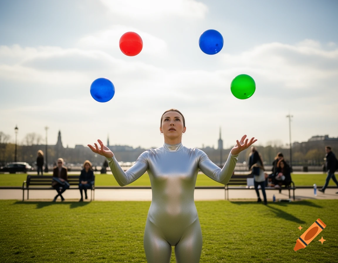 A woman in a silver bodysuit juggles four colorful balls (red, blue, green) in a sunny park.