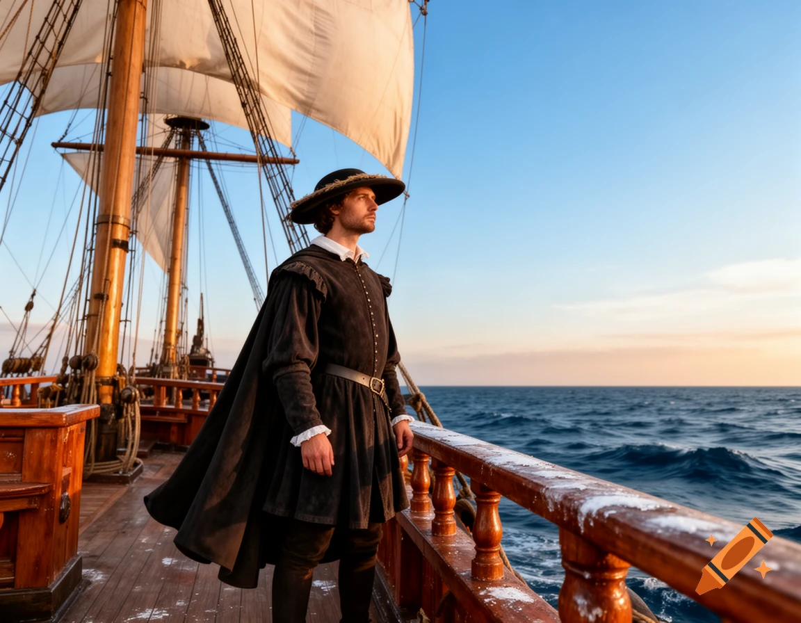 A man in historical attire stands on an old sailing ship's deck, gazing at the ocean under a clear sky.