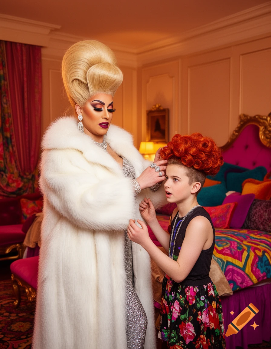 A drag queen in a blonde beehive wig and white fur coat helps a boy in a red curly wig and floral skirt in a lavish bedroom.