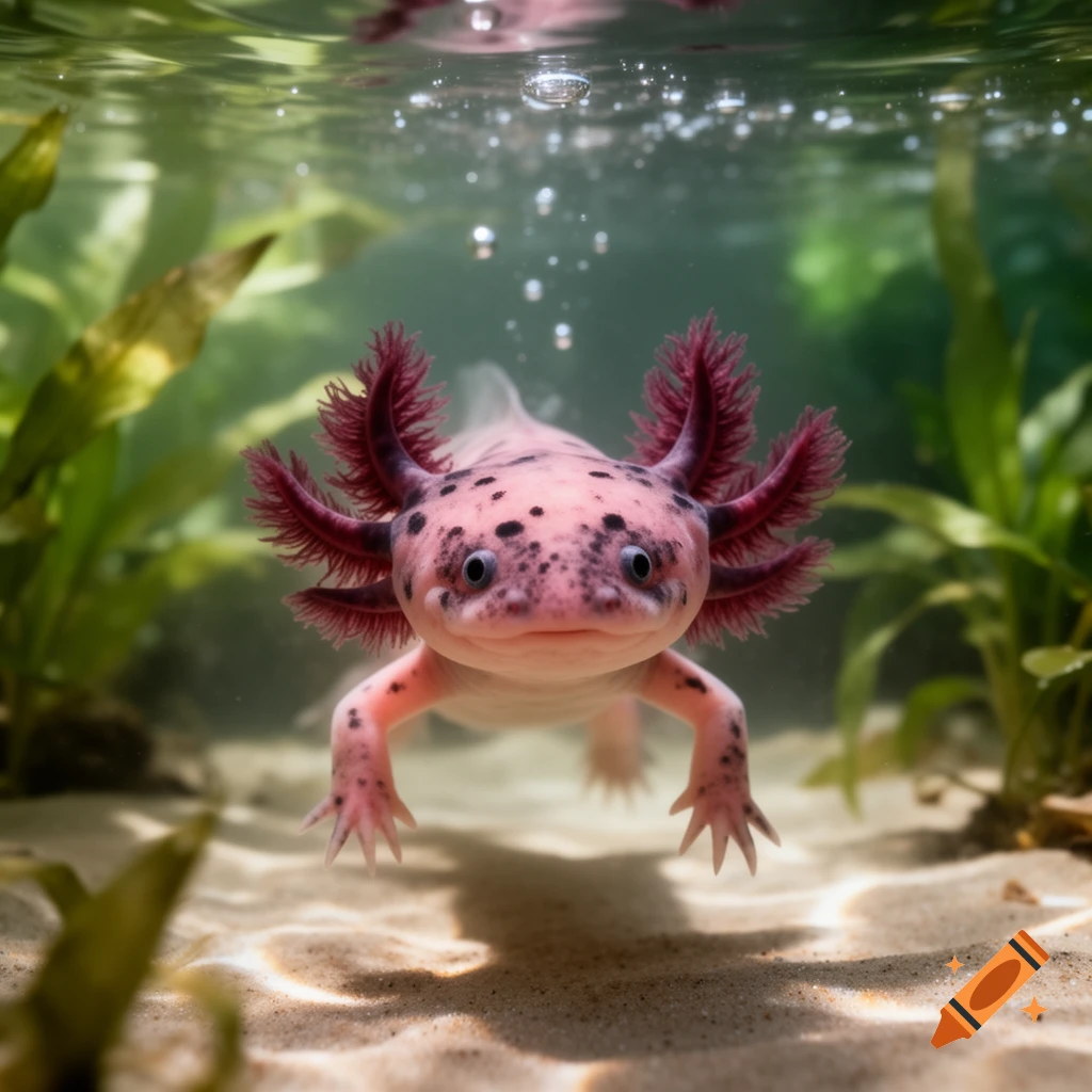 A pink axolotl with feathery gills and dark spots swims underwater over a sandy bed with green plants. Photorealistic.