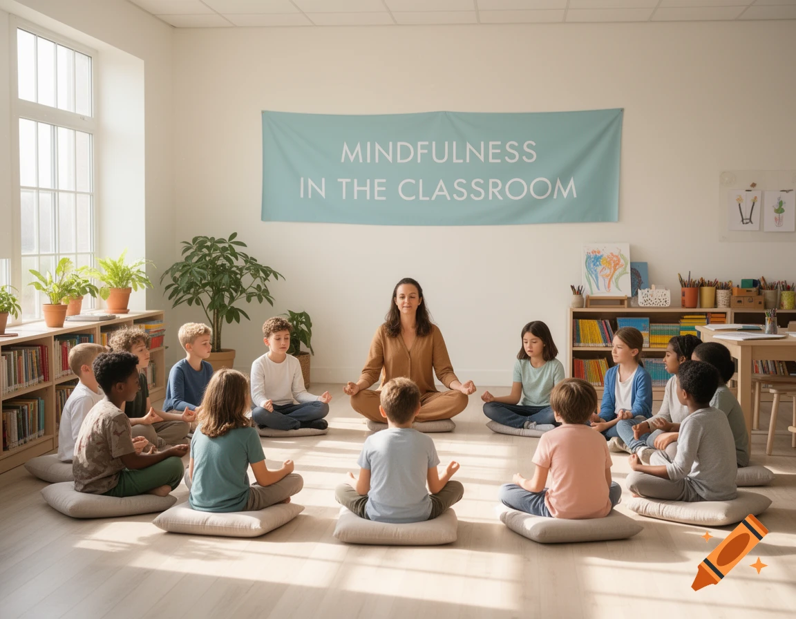 An adult woman leads a group of children in a meditation circle on floor cushions in a bright classroom.