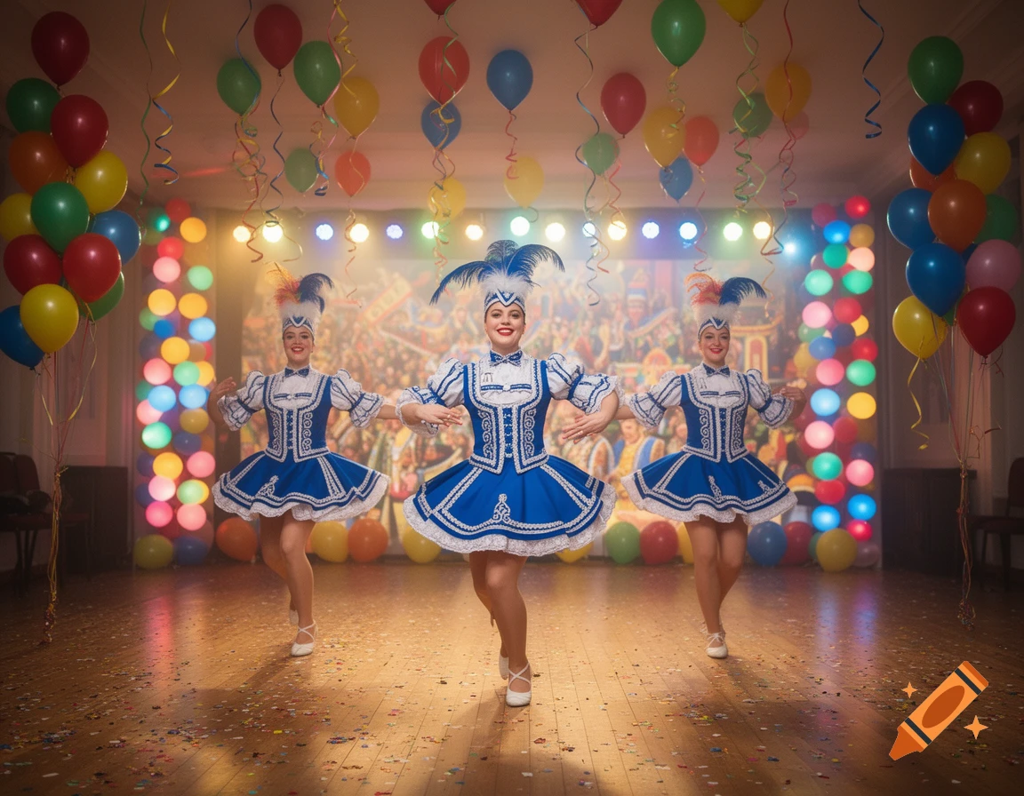 Three dancers in blue and white carnival costumes dance amidst balloons and confetti on a wooden floor.