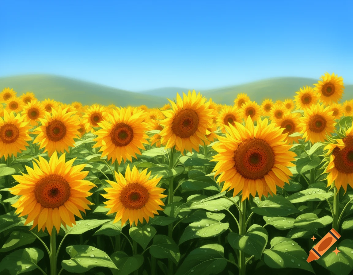 Vibrant field of yellow sunflowers with green leaves and water droplets under a clear blue sky.
