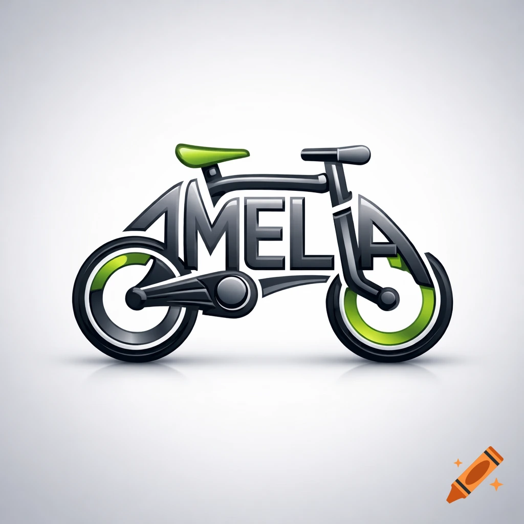 Stylized logo of a bicycle formed by the letters AMELIA, with metallic grey and bright green accents on a light background.