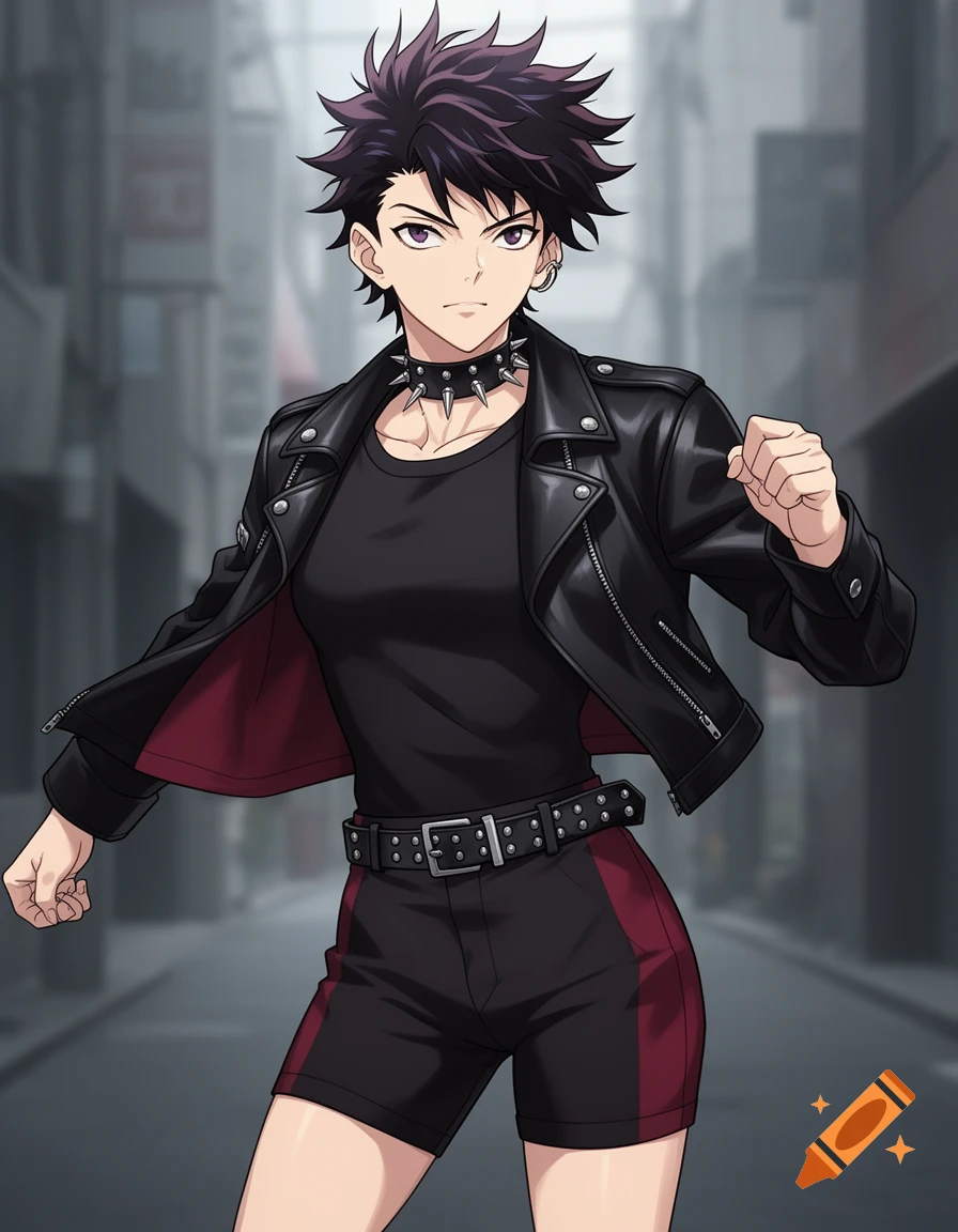 Anime character with short spiky dark hair, purple eyes, wearing an edgy outfit: cropped black leather jacket, studded choker, and shorts, in an urban setting.