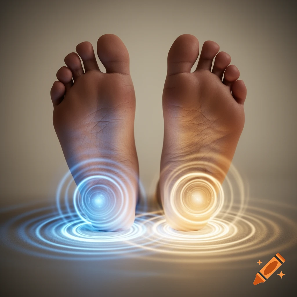Two bare human feet, soles visible, with glowing blue and orange energy circles radiating from under each heel on a neutral background.