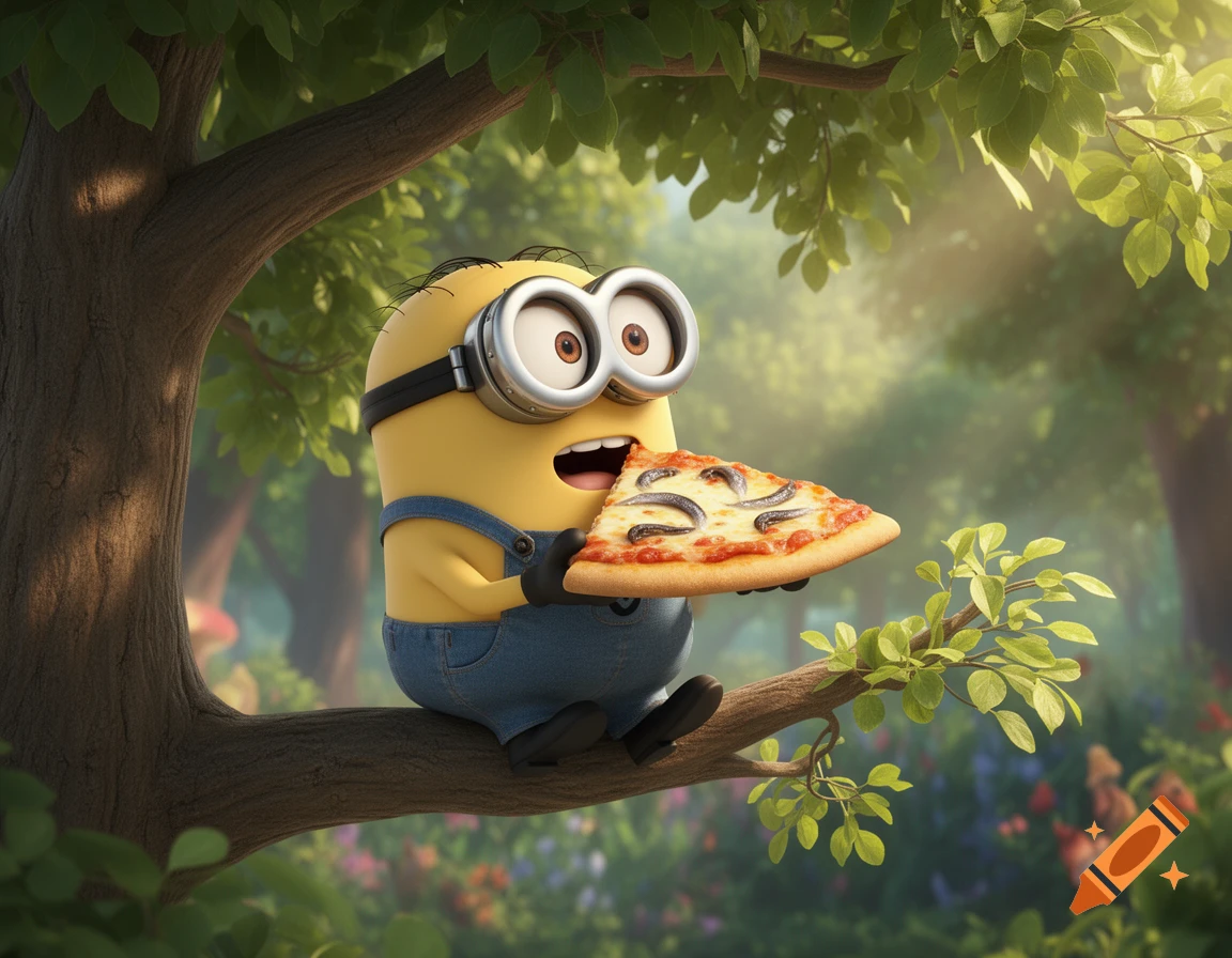 A cute Minion character sits on a tree branch in a lush forest, happily eating a slice of anchovy pizza.