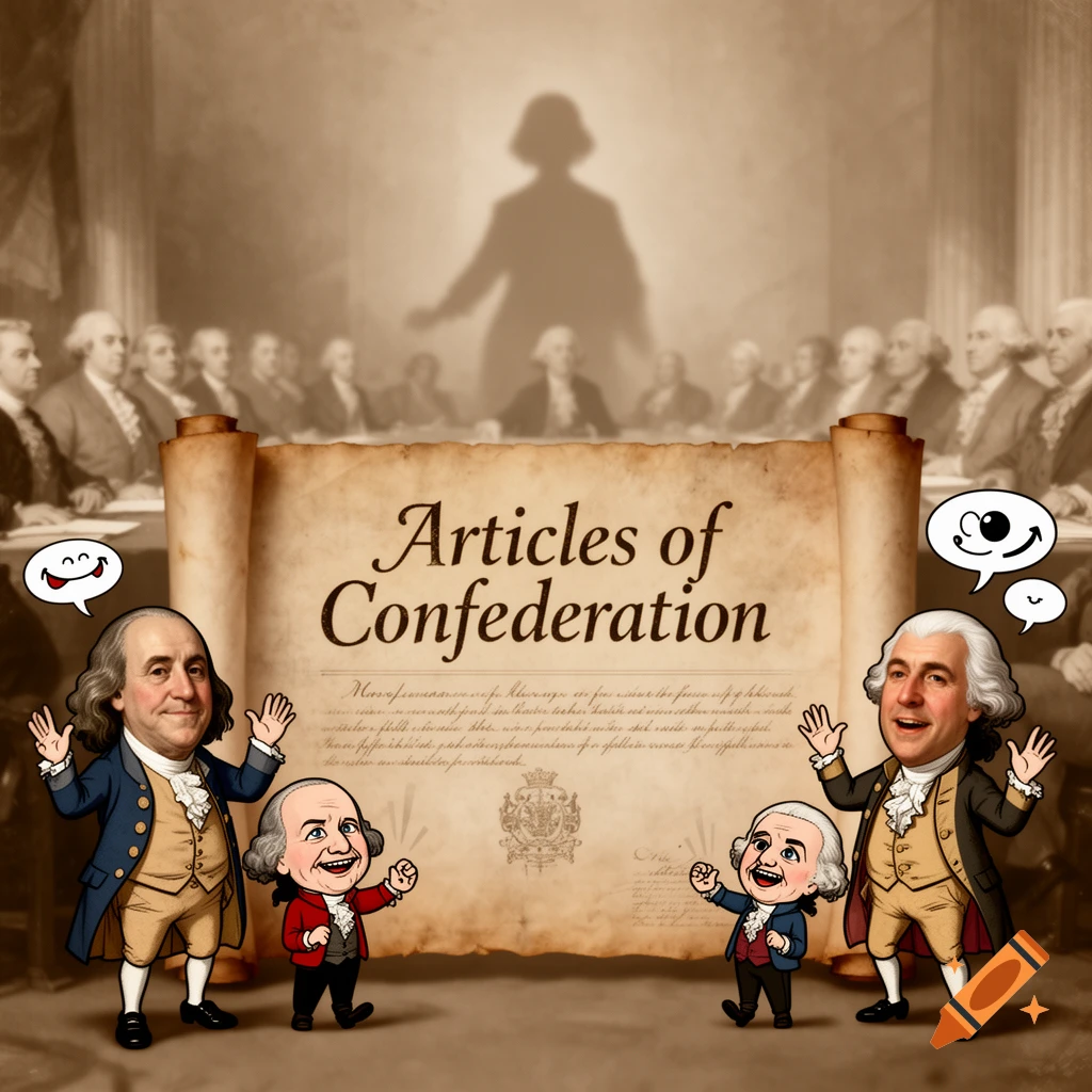 Cartoon Benjamin Franklin and George Washington wave in front of a scroll titled 'Articles of Confederation', with smaller versions and other figures.
