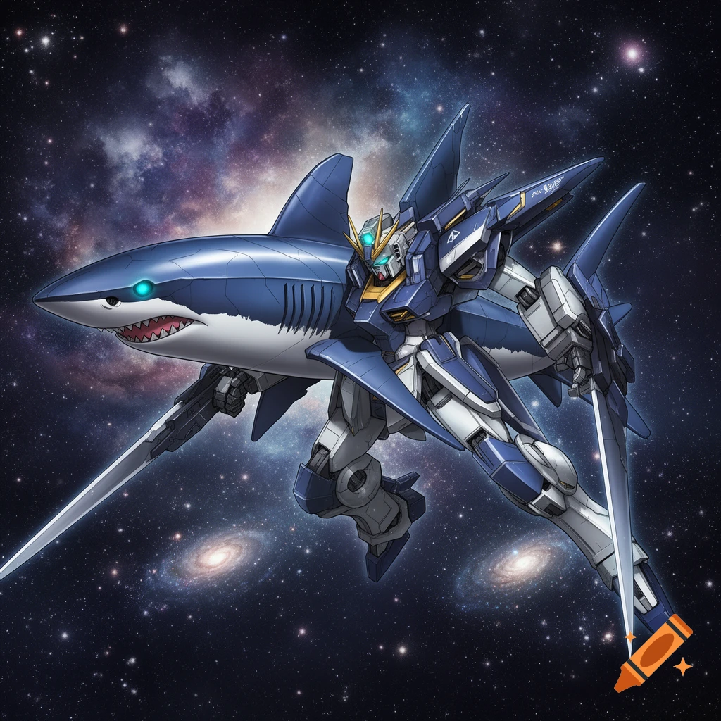 A blue and white Gundam-style robot with a shark attached to its side, holding swords, flies through a starry galaxy.