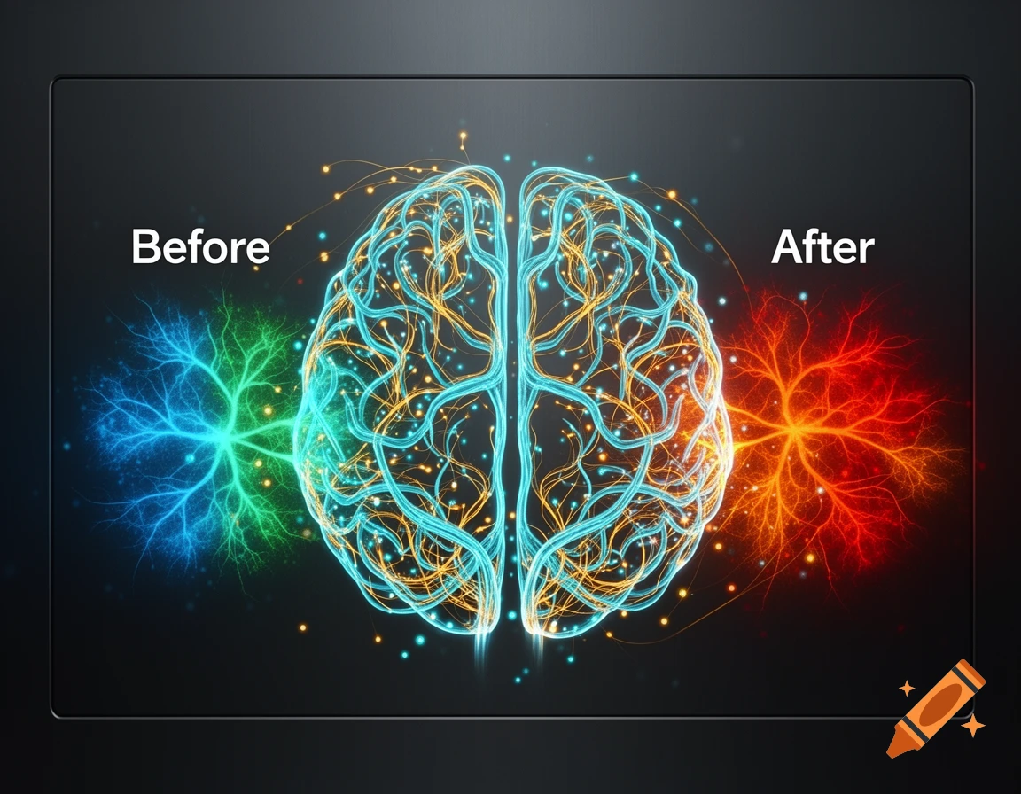 Stylized diagram of a brain showing colorful 'Before' and 'After' neural activity with connecting pathways.