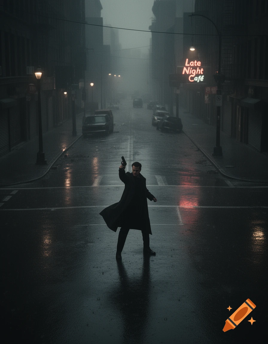 A man in a trench coat holds a gun in the middle of a rainy, foggy city street with a neon 'Late Night Cafe' sign.