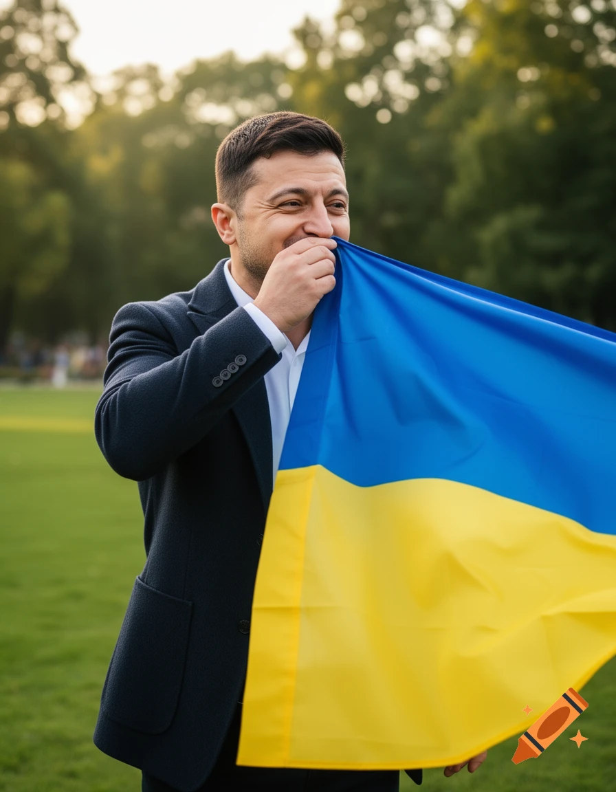 Photorealistic image of Volodymyr Zelensky smiling while holding a Ukrainian flag to his face outdoors.
