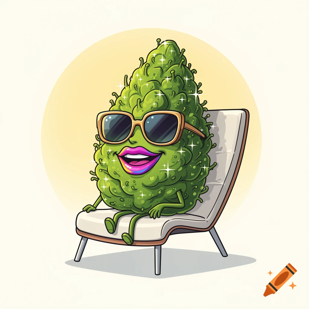 A cartoon cannabis bud character wearing sunglasses and pink lipstick, sitting in a lounge chair.