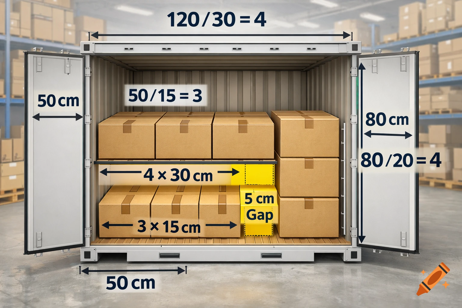 Photorealistic image of a cargo container filled with cardboard boxes, illustrating dimensions and calculations for efficient packing, including a 5 cm gap.