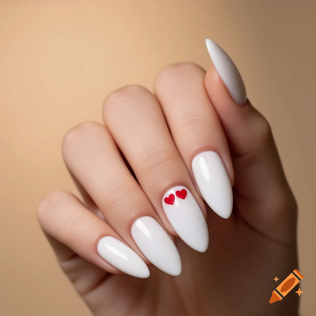 A hand with white almond-shaped nails, featuring two small red hearts on the ring finger, against a beige background.