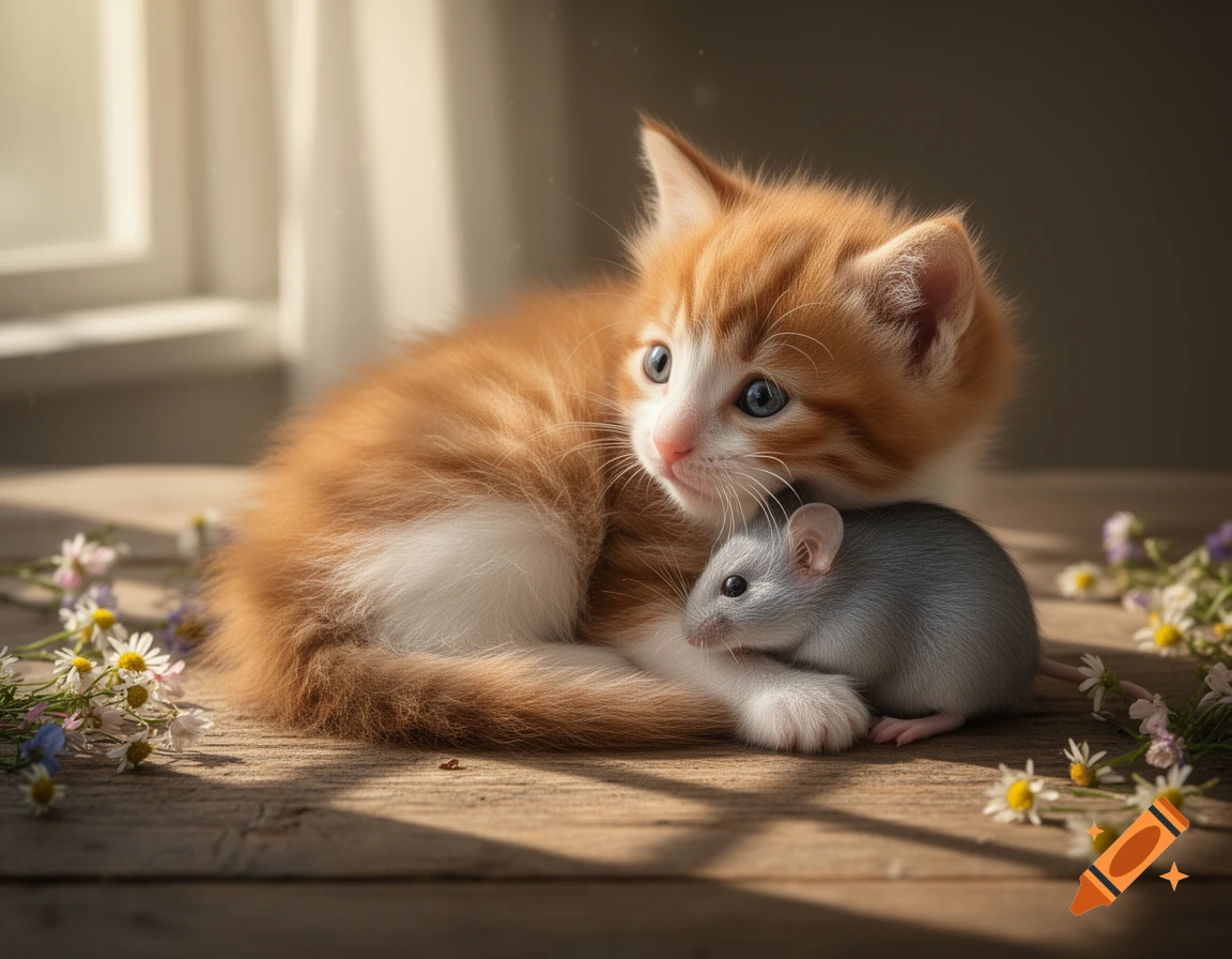 An adorable orange and white kitten cuddles a small gray mouse on a wooden surface with wildflowers.