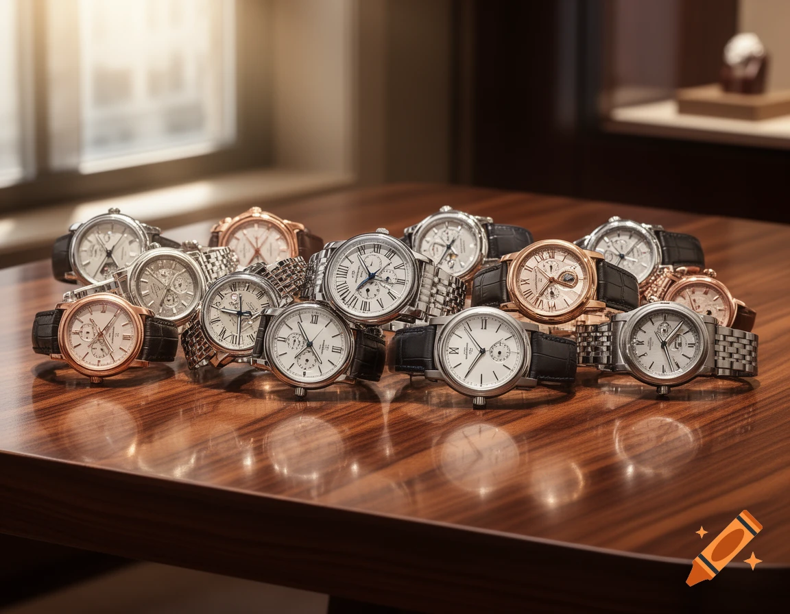 A collection of luxury watches with metal and leather straps displayed on a polished wooden table.