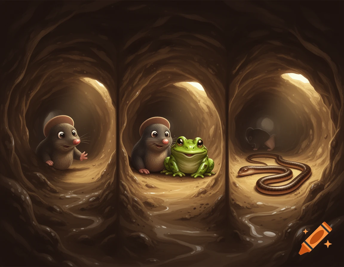 Cartoon moles, a frog, and a slow worm in separate sections of a muddy underground tunnel with warm lighting.