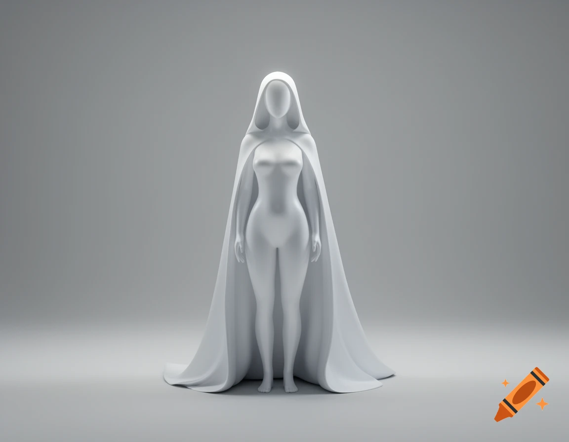 A smooth, pale grey, untextured female figure wearing a hooded cloak stands against a grey background.