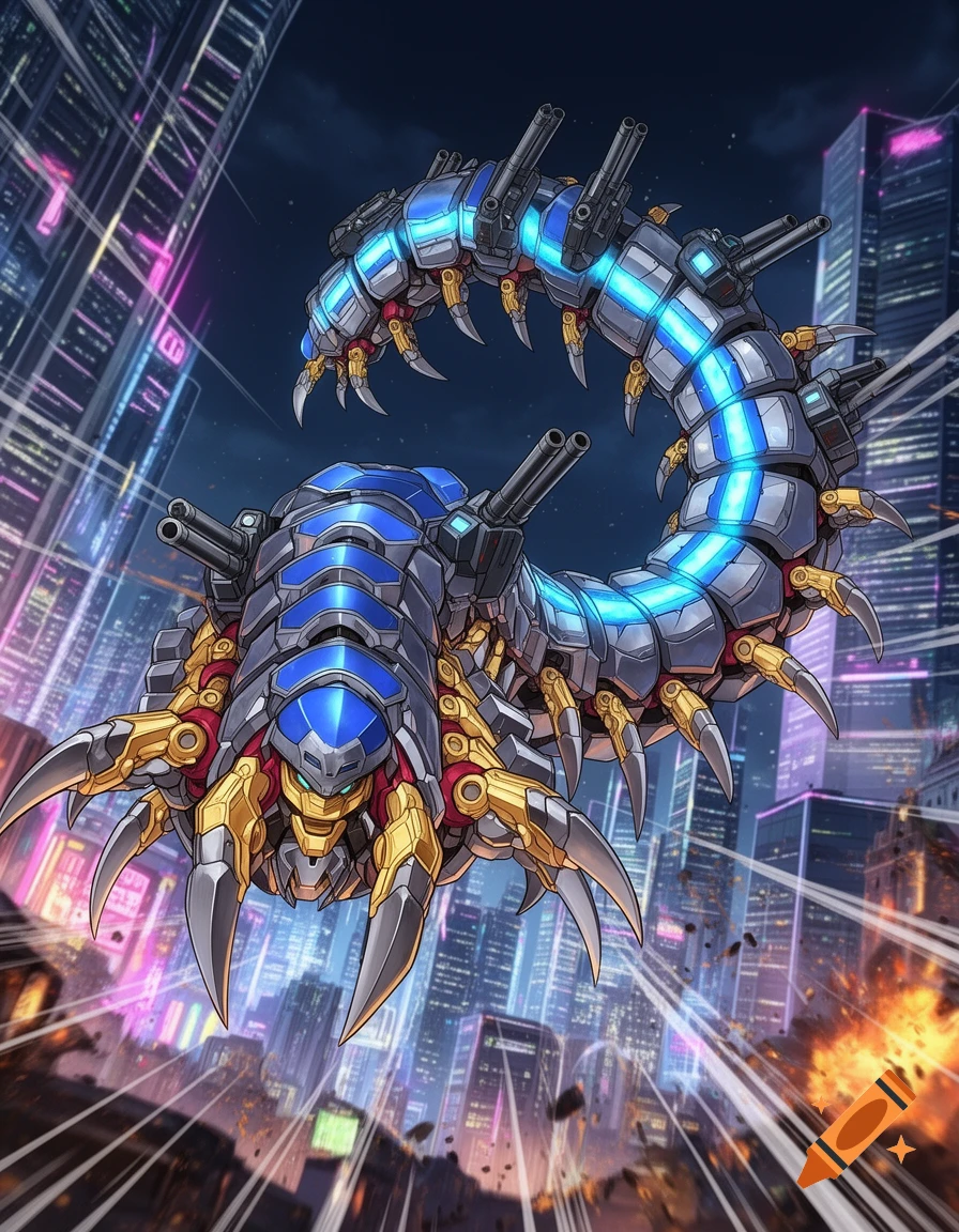 A menacing blue and gold robotic centipede with cannons flies above a futuristic city with neon lights, causing explosions.