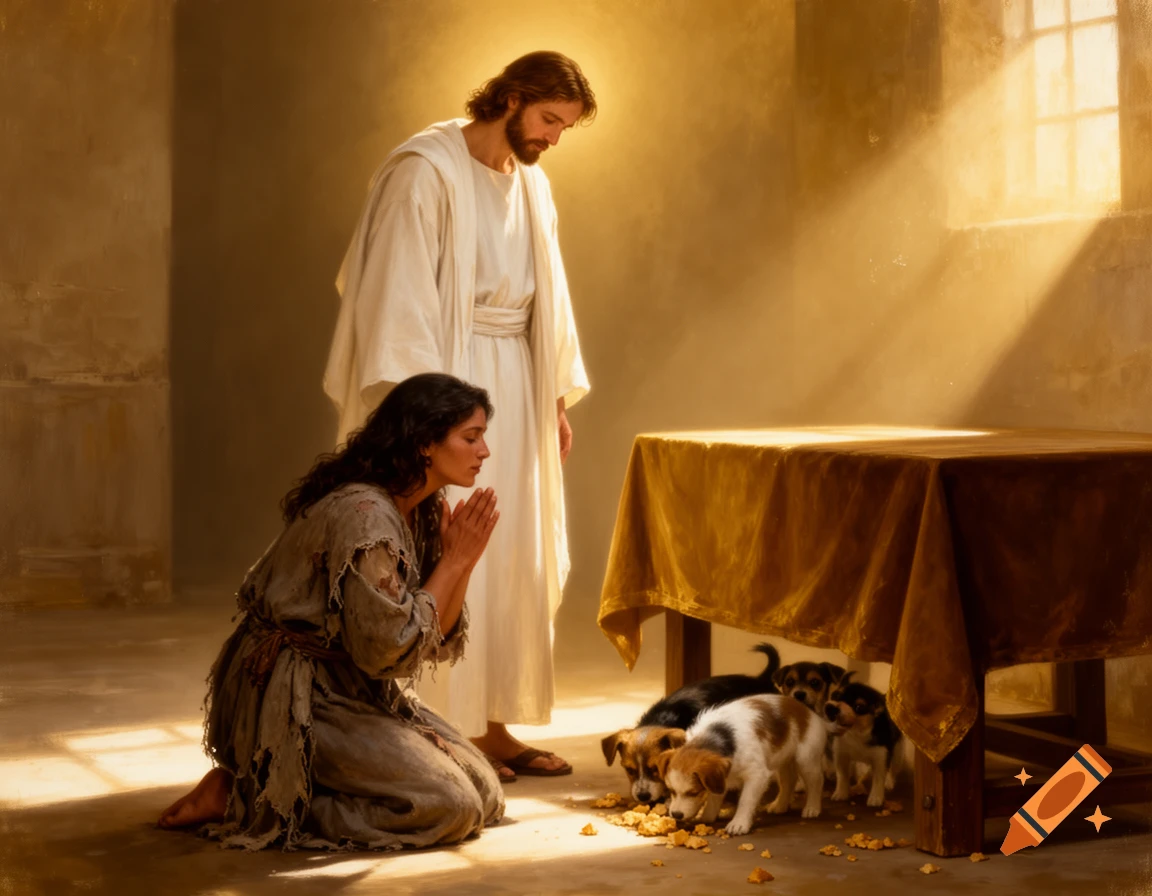 A painting of Jesus standing over a kneeling woman, with puppies eating crumbs under a table, bathed in warm golden light.