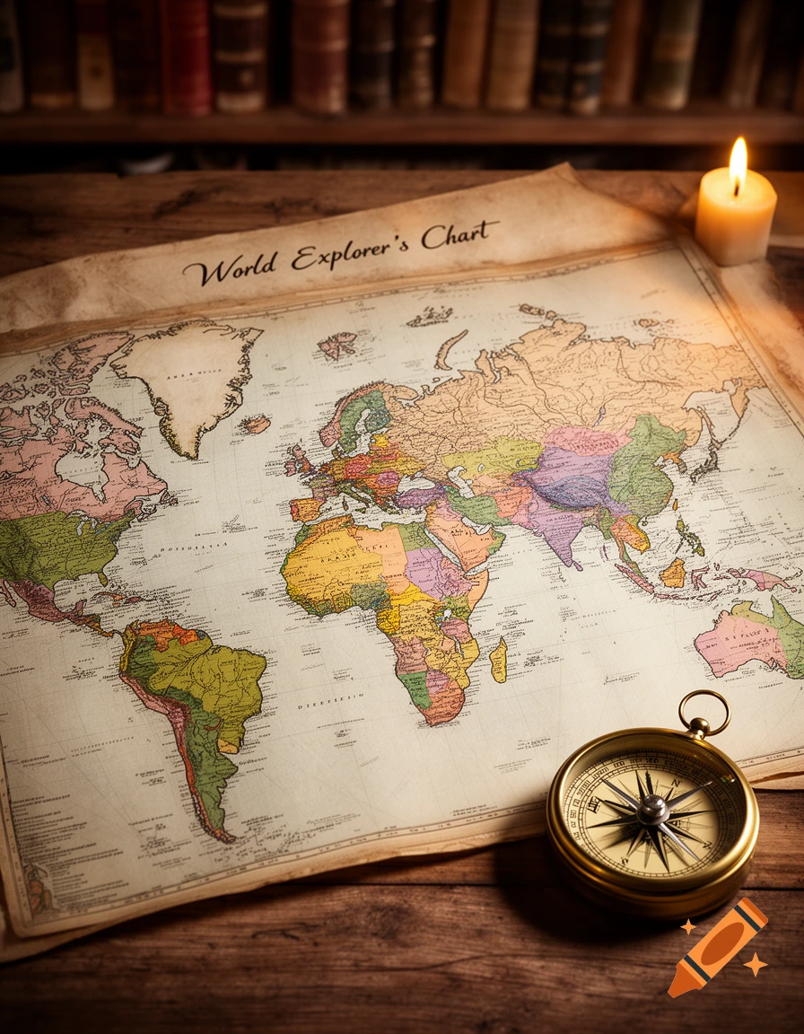 A vintage world map titled 'World Explorer's Chart' with a brass compass and a lit candle on a wooden desk.