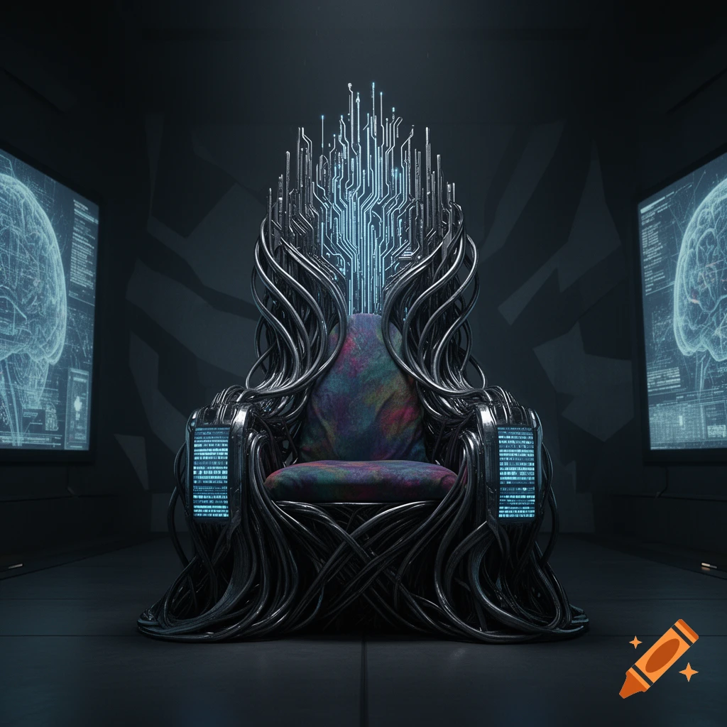A dark, futuristic throne made of intertwining cables and circuit boards with glowing blue lines, set in a room with screens displaying brain scans.