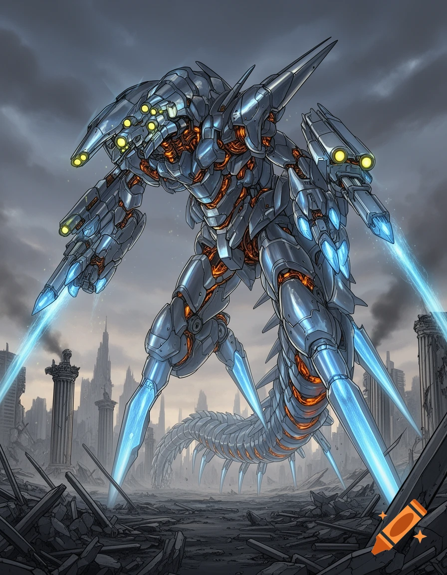 A large, intricate metallic centipede mech with glowing blue energy standing amidst a destroyed cityscape under a cloudy sky.