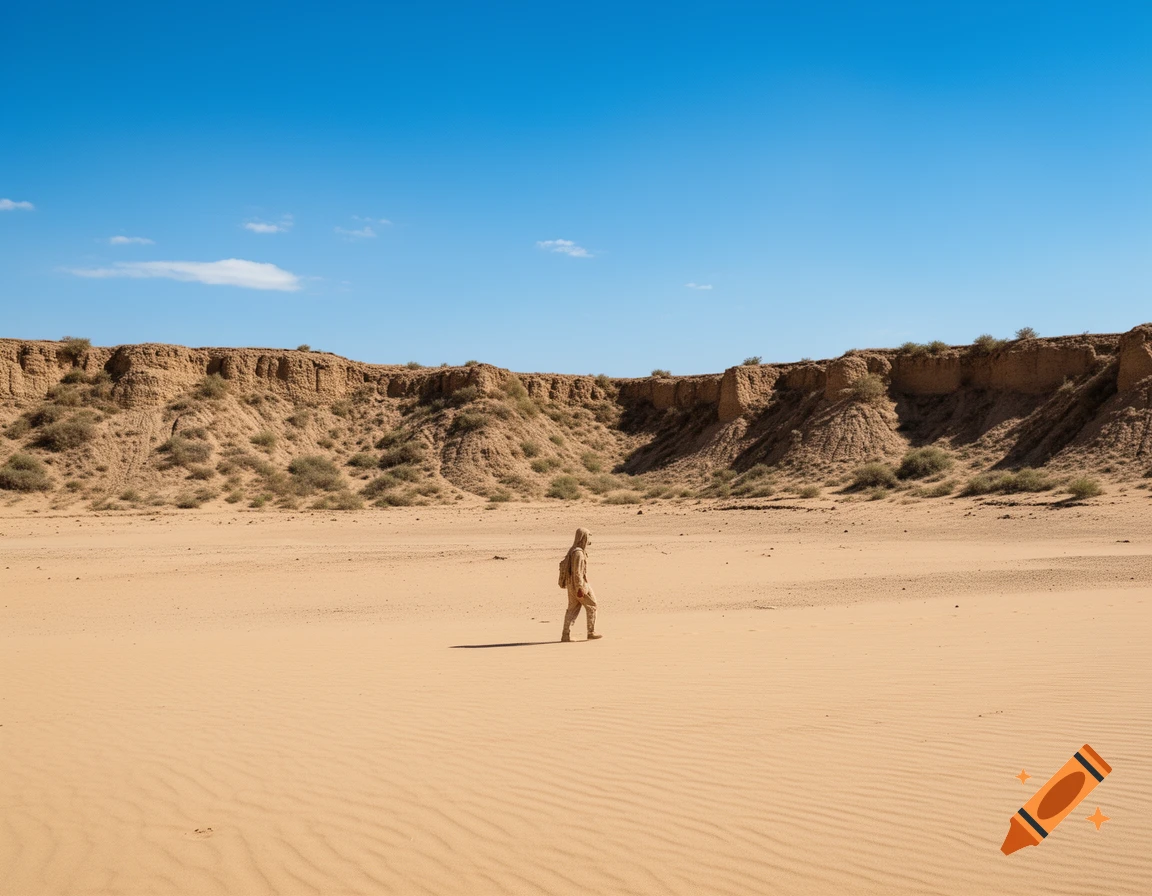 A lone figure walks across a vast, sandy desert floor towards rugged hills under a clear blue sky.